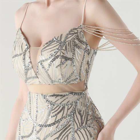 Graceful Sequin Embellished Mesh Mermaid Maxi Dress